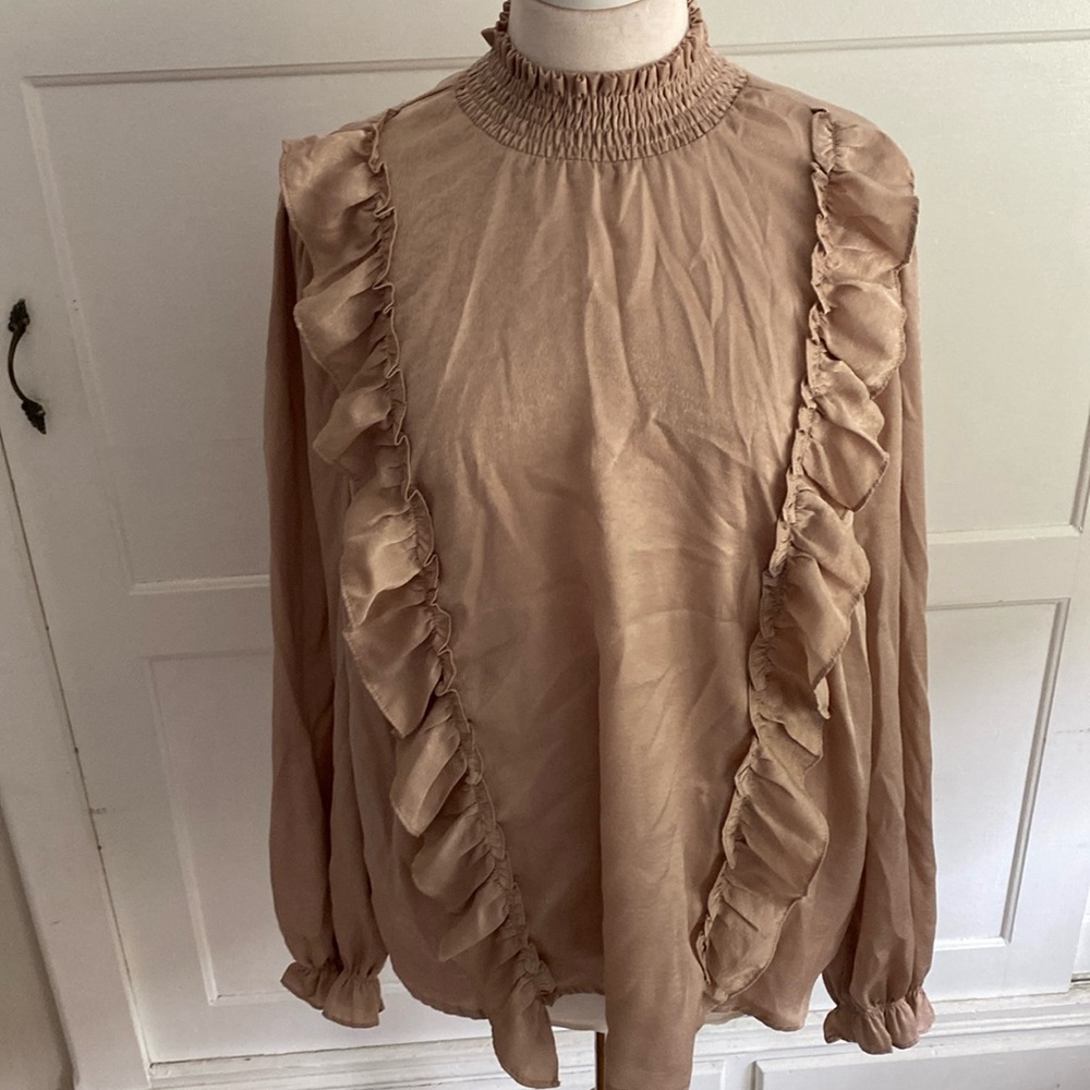 Andre by Unit beige tan silky satin fabric ruffle long sleeve blouse